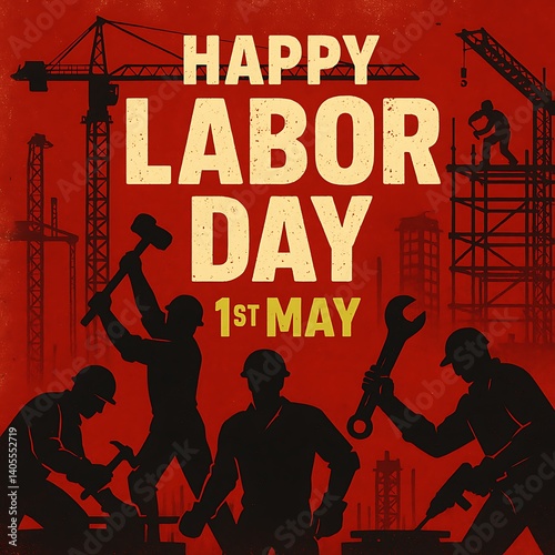 Happy Labor Day Poster Design with Construction Workers Silhouettes