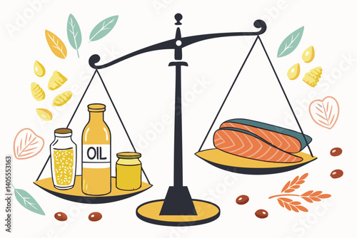 90 balanced nutrition, omega-3 vs omega-6, fish oil and olive oil bottles, salmon fillet, corn and soybeans, metal balance scale, health equilibrium, dietary fats comparison, photorealistic, studio li