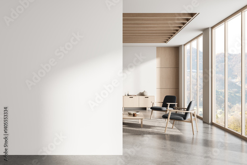 Modern minimalist interior with blank wall for poster mockup in bright living space with wood and glass design elements, stylish and creative layout. 3D Rendering
