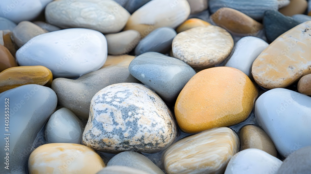 Close-up of smooth colorful pebbles and stones filling the frame outdoors. Close-up of smooth colorful pebbles and stones filling the frame outdoors.
