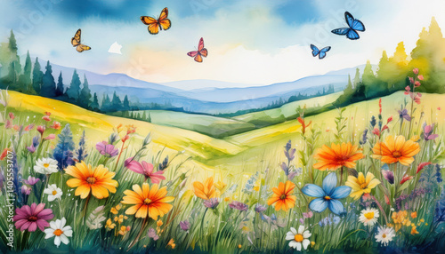 Fototapeta Naklejka Na Ścianę i Meble -  vibrant watercolor painting captures serene landscape filled with colorful flowers and butterflies fluttering above. lush green hills and distant mountains create peaceful atmosphere
