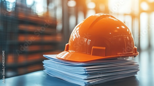 Orange safety helmet atop construction documents.