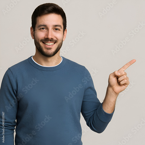 Young attractive handsome guy feels delighted gladden amazed,mouth open,smiling,wears orange sweatshirt, points aside on something incredible with thumb, blank copy space for promotional content	
