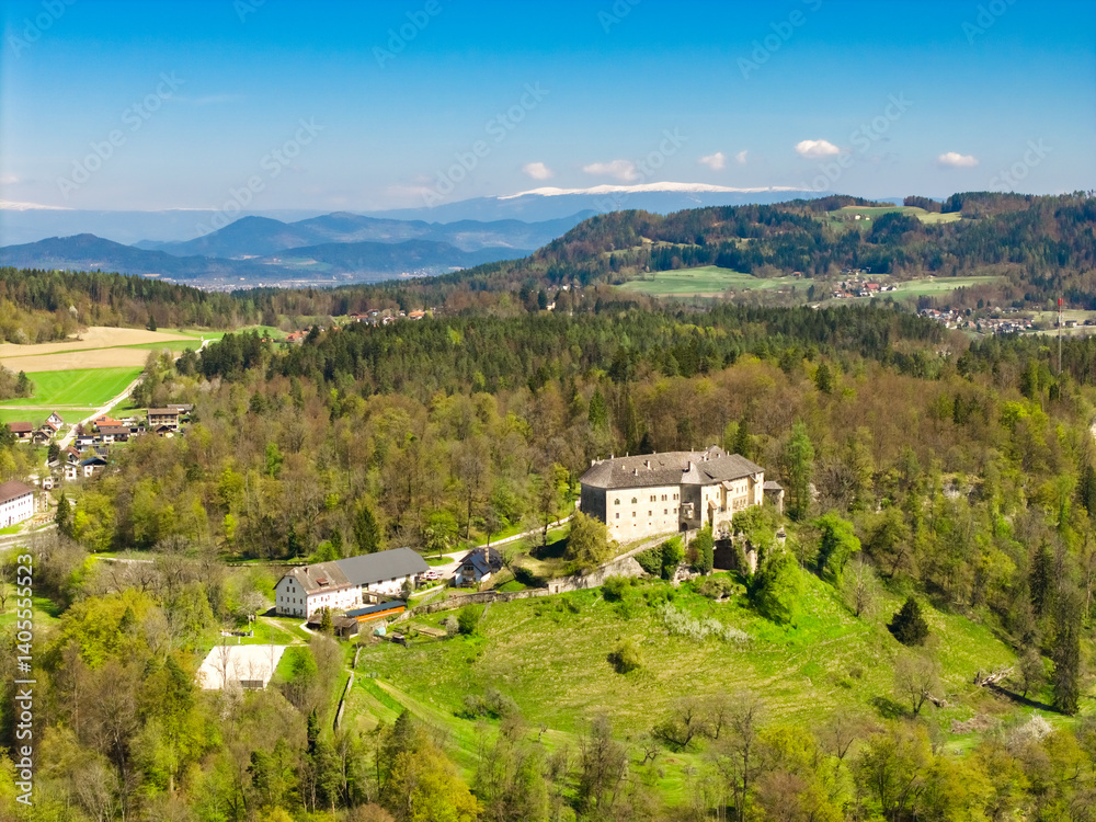 Fototapeta premium Aerial view of a Schloss Hollenburg castle, Austria 