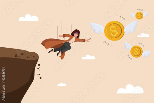 Woman Tumbling from a Cliff as Winged Coins Drift Away, Illustrating Economic Crisis and Loss of Assets.
