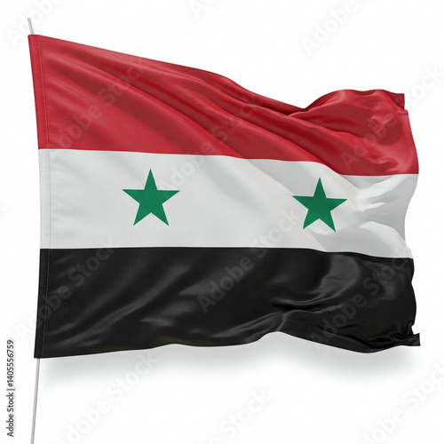 Syrian flag waving in the wind with red, white, and black stripes and green stars