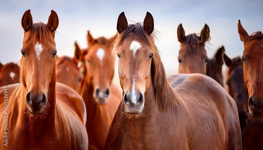 Fototapeta premium horse in the field, a herd of five curious Thoroughbred mares, all looking directly at the camera with gentle expressions against a soft, herd of thoroughbreds, horse herd portrait