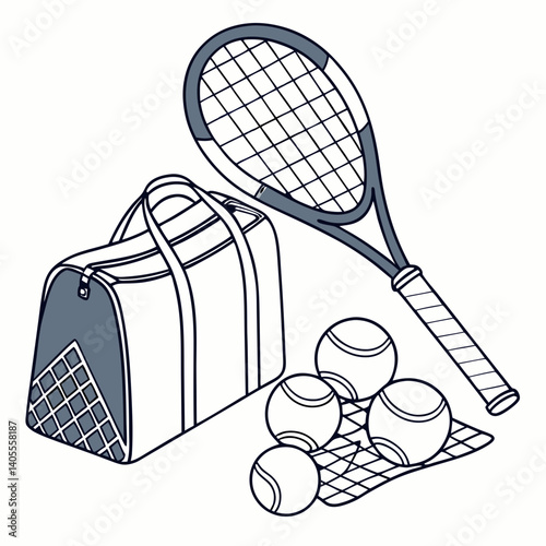 Tennis Equipment Pack – Racket, Balls, Net, and Bag – Modern Vector Illustration