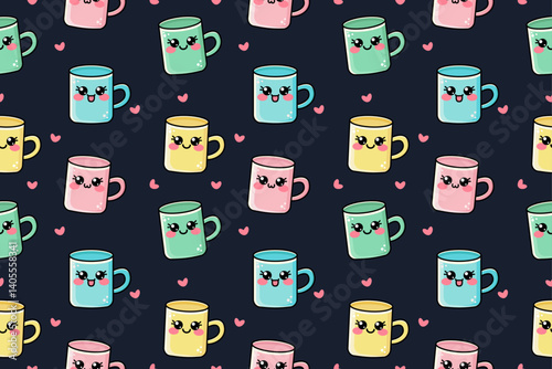 Kawaii seamless pattern with pink, green, blue, yellow cute vector cups or mugs on dark black background
