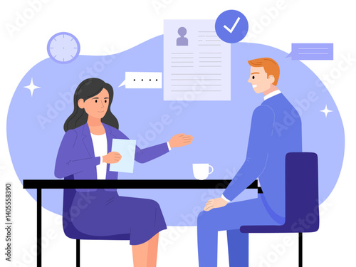 Woman asking question a man sitting across the table, job interview, business illustration and vector 