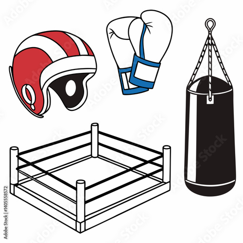 Boxing Tools Set – Gloves, Headgear, Punching Bag, and Ring – Clean Vector Style