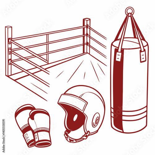 Boxing Tools Set – Gloves, Headgear, Punching Bag, and Ring – Clean Vector Style