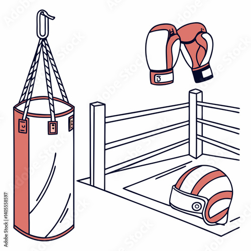 Boxing Tools Set – Gloves, Headgear, Punching Bag, and Ring – Clean Vector Style