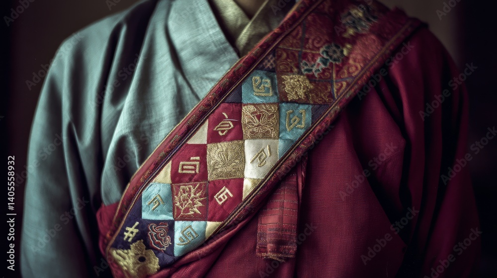 Fototapeta premium A close-up of intricately embroidered traditional garments in muted colors, highlighting the detailed cultural craftsmanship.