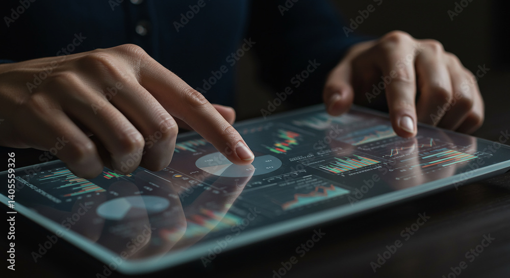 Person using a tablet displaying financial charts and graphs with fingers touching the screen closely Person using a tablet displaying financial charts and graphs with fingers touching the screen closely