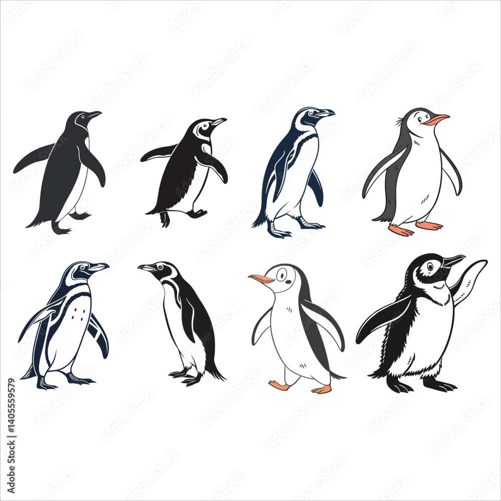 Fototapeta premium Penguin Vector bundle Cute and Versatile Graphics. This funny penguin features a variety of adorable penguins in different poses, styles.