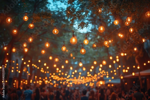 Fototapeta Naklejka Na Ścianę i Meble -  Evening gathering with string lights illuminating a lively outdoor event in a park during late summer