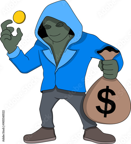 Cartoon Hooded Figure Holding Money Bag and Coin