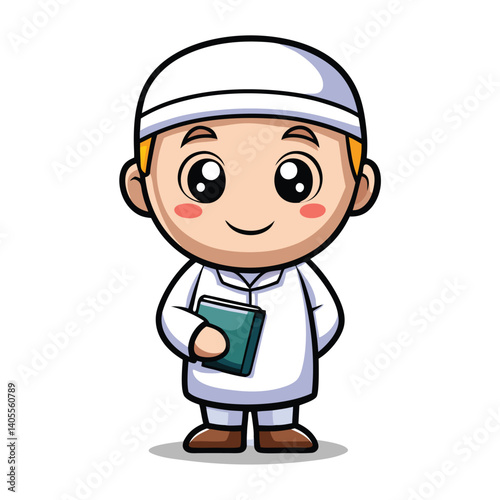 Cute cartoon boy in traditional clothing holding a book