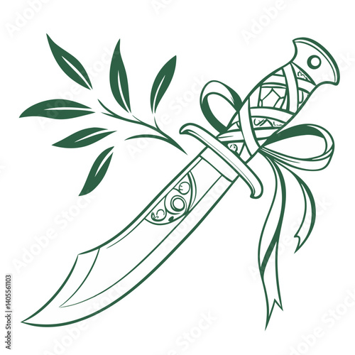 A beautifully adorned dagger, bound with a ribbon and olive branch, signifying peace and surrender, rendered in elegant dark green line art.