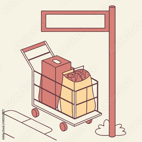 A handcart diligently carrying groceries, a box and a paper bag of baked goods, homeward bound down a quiet street, simple line art style.