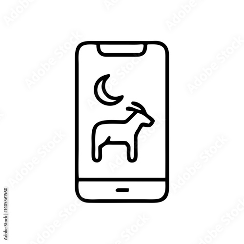 A simple phone screen displays a goat and crescent moon, symbolizing the peaceful night of Eid al-Adha, a bold black line art design.