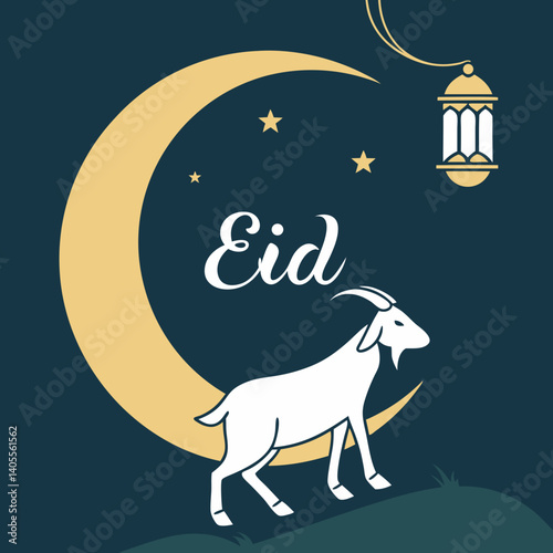 A serene white goat stands beneath a crescent moon, symbolizing Eid al-Adha's peaceful spirit, under a night sky with a hanging lantern.