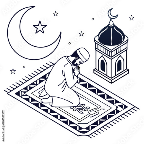 A devout Muslim man in humble prayer under the night sky, seeking solace and spiritual connection near a mosque, depicted in a clean, isometric line art style.