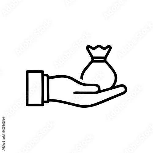 A helping hand offering a bag of financial security and prosperity, a simple bold line art graphic.