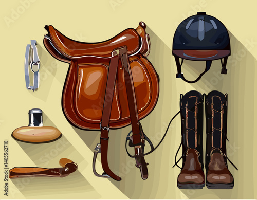 Equestrian Equipment – Saddle, Helmet, Boots, and Bridle – Vector Illustration