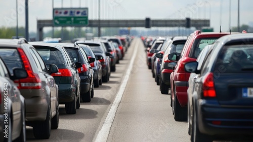 Endless line of cars during congested highway traffic on a cloudy summer day