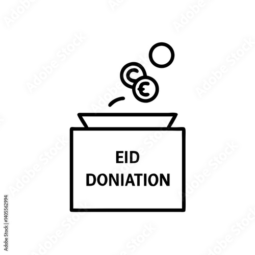 Generous Eid donations joyfully given, coins dropping into a collection box, a simple black line art illustration.