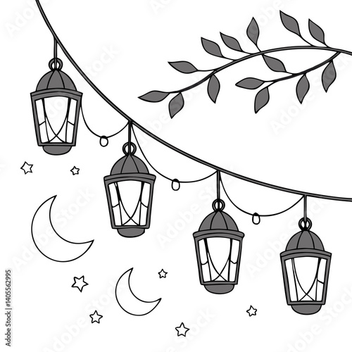 Festive Ramadan lanterns illuminate the night sky, adorned with crescent moons and stars, creating a magical, elegant celebration.