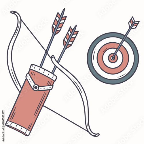 Archery Equipment Pack – Bow, Arrows, Target, and Quiver – Flat Vector Design