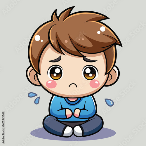 Sad cartoon boy sitting, showing distress