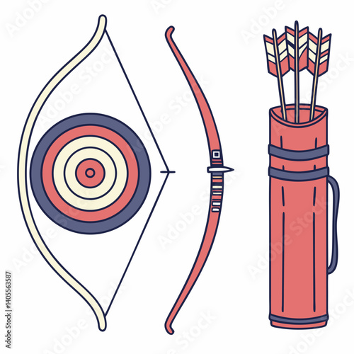 Archery Equipment Pack – Bow, Arrows, Target, and Quiver – Flat Vector Design