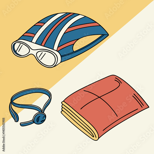 Swimming Accessories Set – Goggles, Cap, Towel, and Kickboard – Vector Style