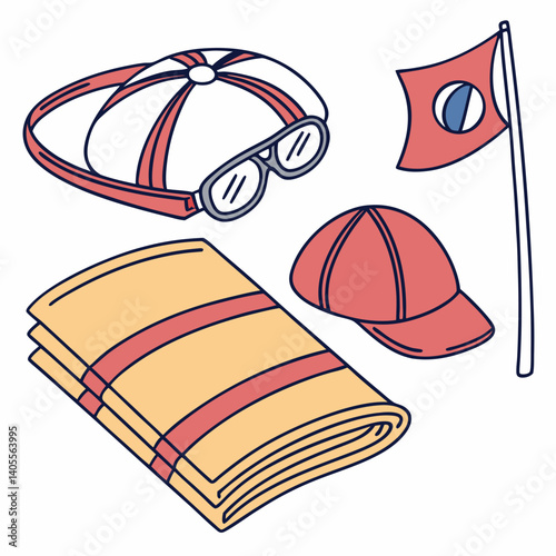 Swimming Accessories Set – Goggles, Cap, Towel, and Kickboard – Vector Style
