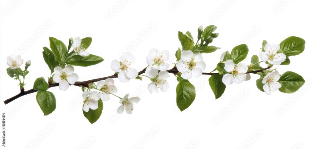 Delicate White Blossom Branch with Fresh Green Leaves on White Background Delicate White Blossom Branch with Fresh Green Leaves on White Background
