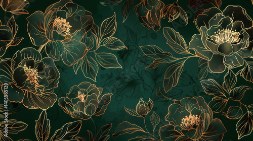 Fototapeta Naklejka Na Ścianę i Meble -  beautiful floral pattern featuring elegant peonies with gold outlines on dark green background, creating sophisticated and artistic design. intricate details enhance its charm