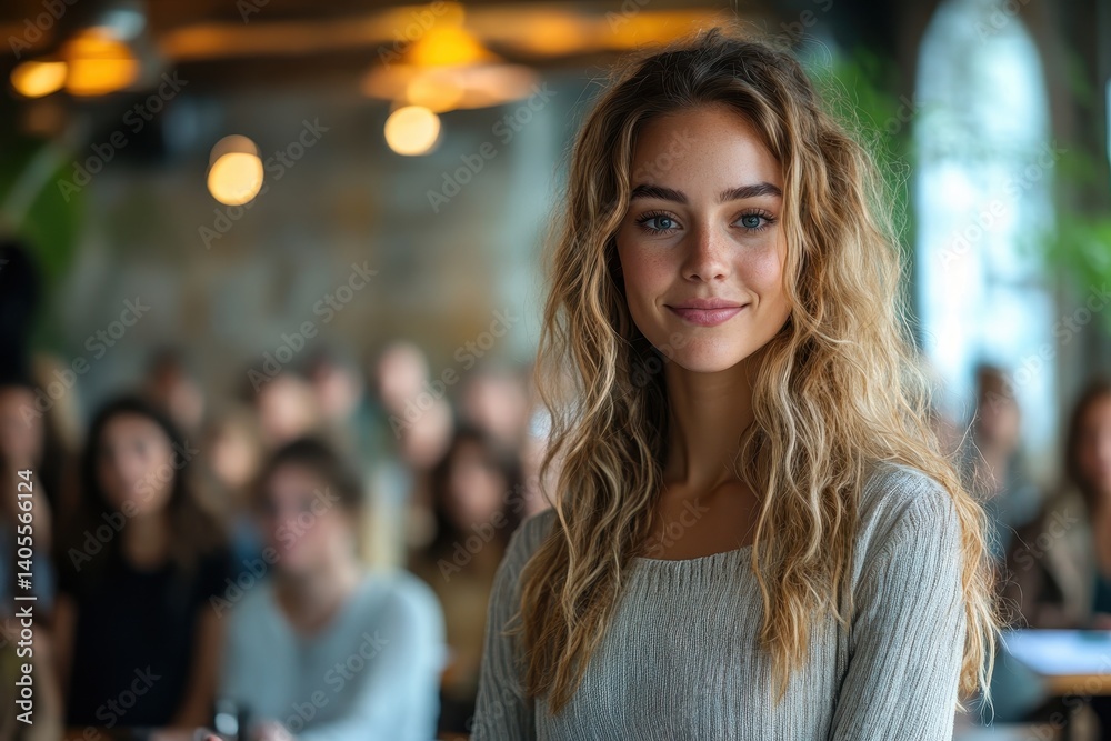 Obraz premium Young woman smiles in a busy cafe during a lively discussion among friends in the afternoon light