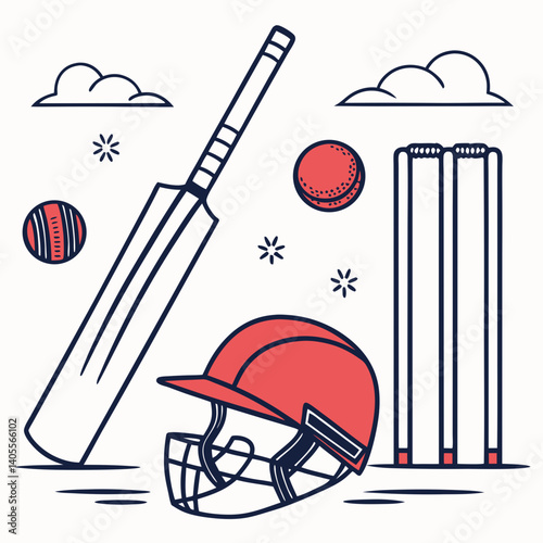 Cricket Sport Tools – Bat, Ball, Pads, Helmet, and Wickets – Flat Vector Design