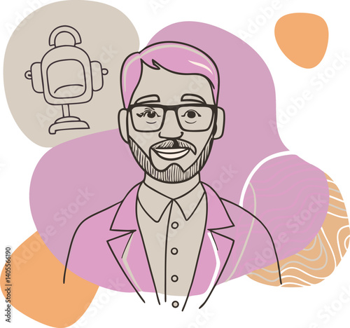 Podcast Host Illustration with Modern Abstract Background