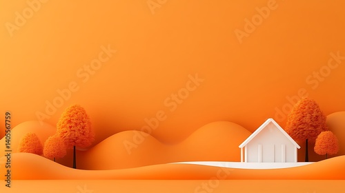 Autumnal Mountain Landscape with White Cabin and Orange Hills