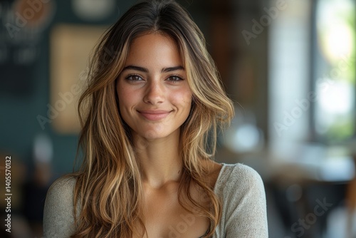 Young woman with light brown hair smiling warmly in a cozy cafe setting during daylight hours Free Download Young woman with light brown hair smiling warmly in a cozy cafe setting during daylight hours - GFXLoad
