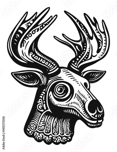 Intricate Engraving of a Deer Skull with Ornate Antlers Design