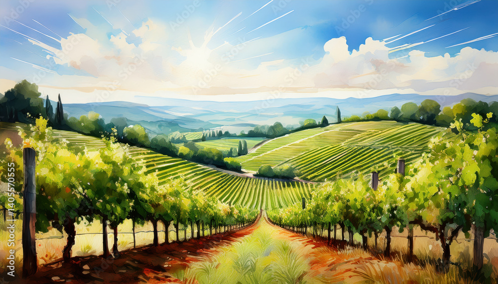 beautiful watercolor painting captures serene vineyard landscape with lush green grapevines stretching across rolling hills under bright blue sky. scene evokes tranquility and natural beauty beautiful watercolor painting captures serene vineyard landscape with lush green grapevines stretching across rolling hills under bright blue sky. scene evokes tranquility and natural beauty