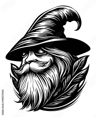 Detailed Engraving of a Wizard with Long Beard and Hat