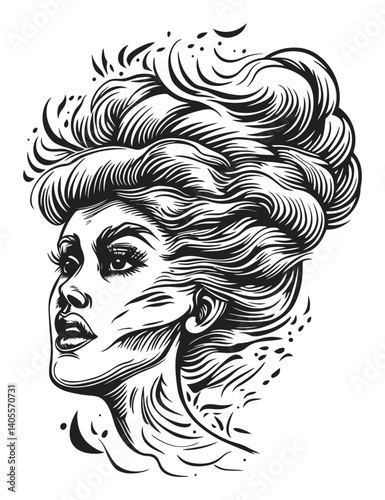 Elegant Engraving of a Woman's Face with Flowing Hair Design