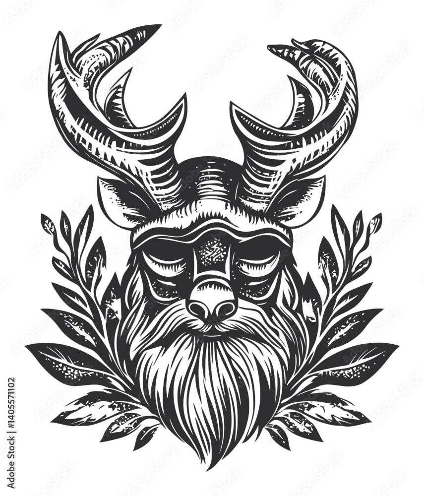 Fototapeta premium Exquisite Engraving of a Deer Head with Intricate Antlers and Beard